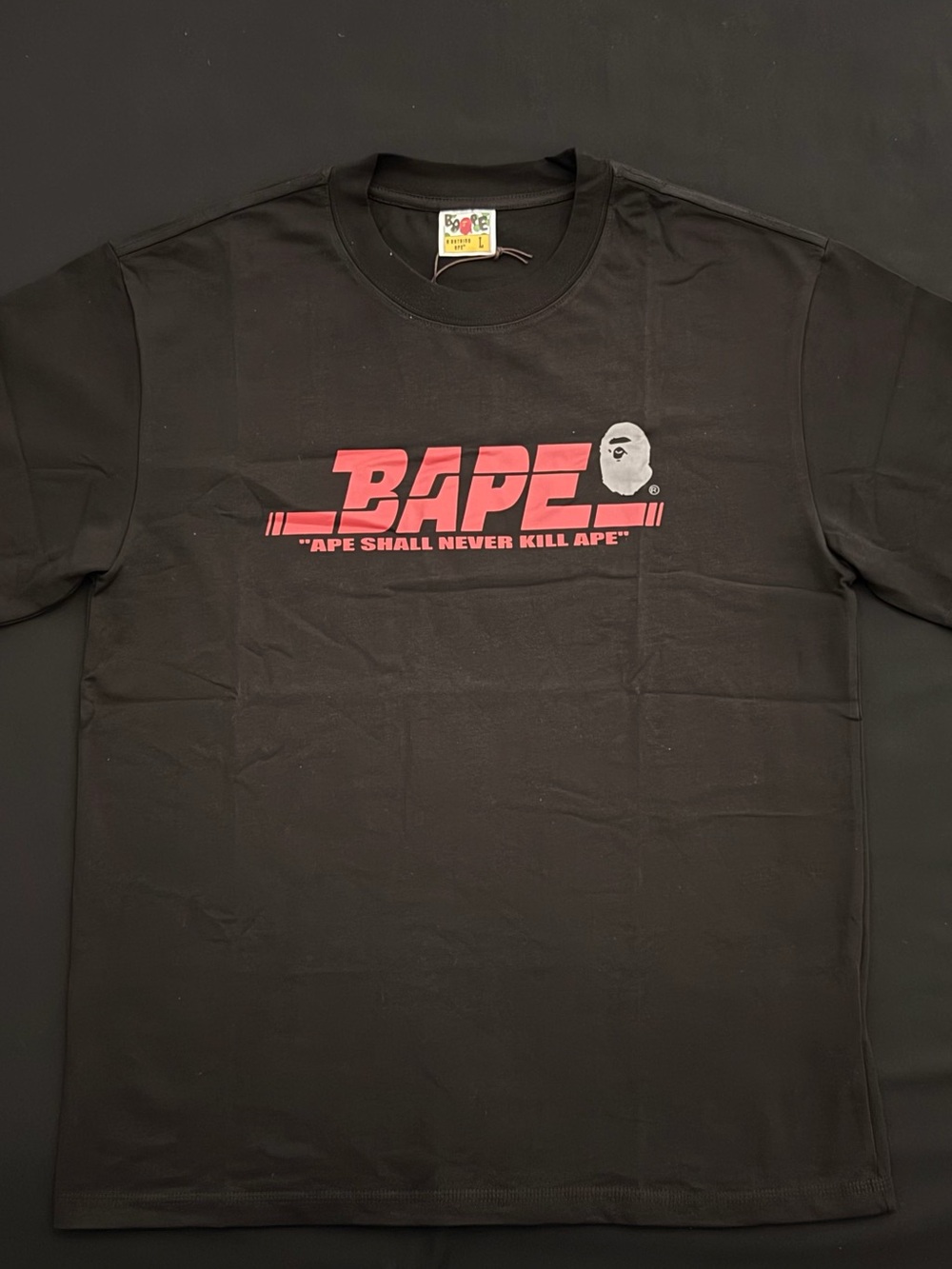 Bape Black Tee with Red Logo and White Ape Head